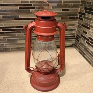 Sun Way 215 Hurricane Lantern Red Metal Glass Globe Vintage Farmhouse Decor